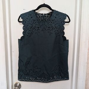 J.Crew Sleeveless Top Blouse 6 Green Lacer Cut Boxy Elegant